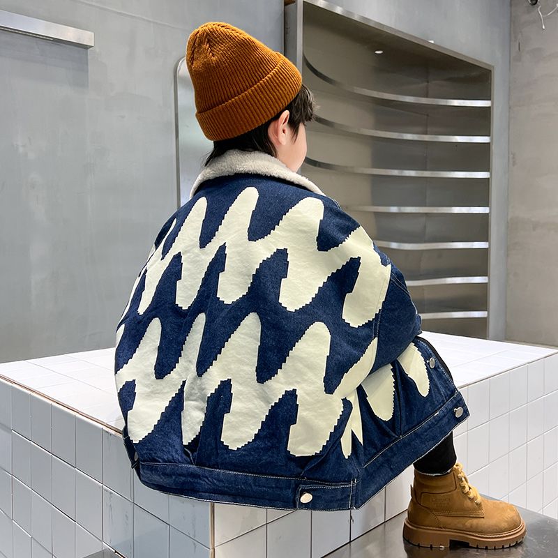 男童冬装儿童加绒牛仔外套秋冬款2023新款中大童冬季加厚棉衣帅气