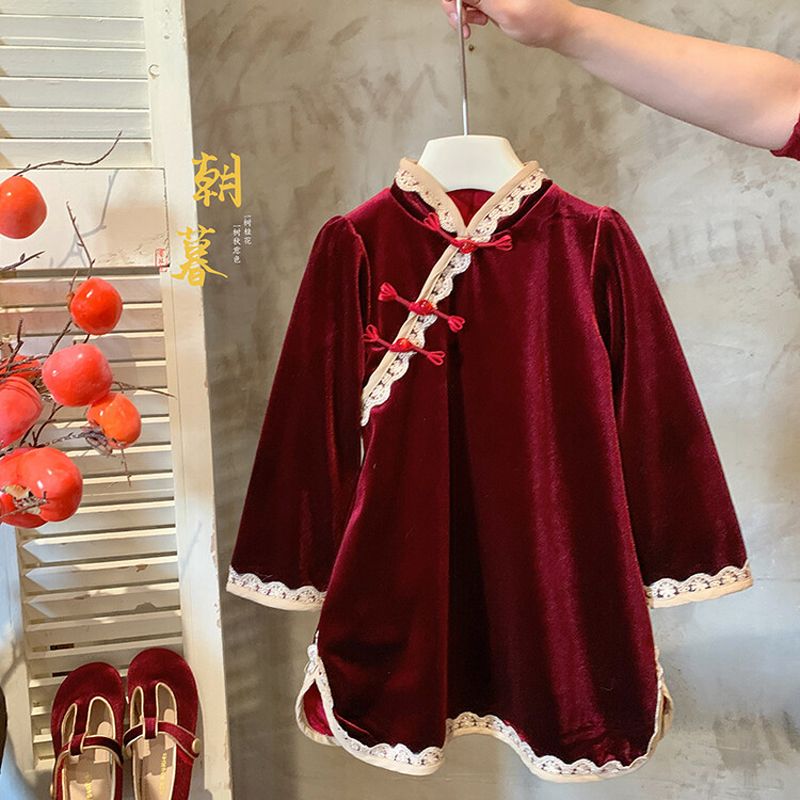 汉服女童连衣裙旗袍冬季新款儿童复古旗袍裙中国风宝宝洋气拜年服