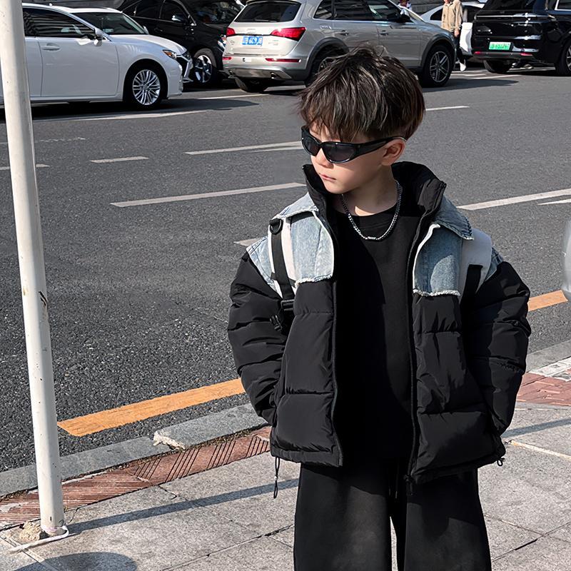 男童冬季加厚短款棉服2023新款儿童牛仔拼色韩版立领面包服假两件