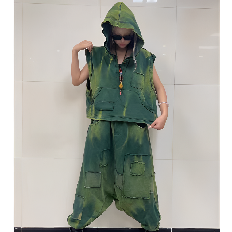 2024秋季宽松时尚洋气百搭休闲拼接马甲潮流炸街女裤大码套装掉档