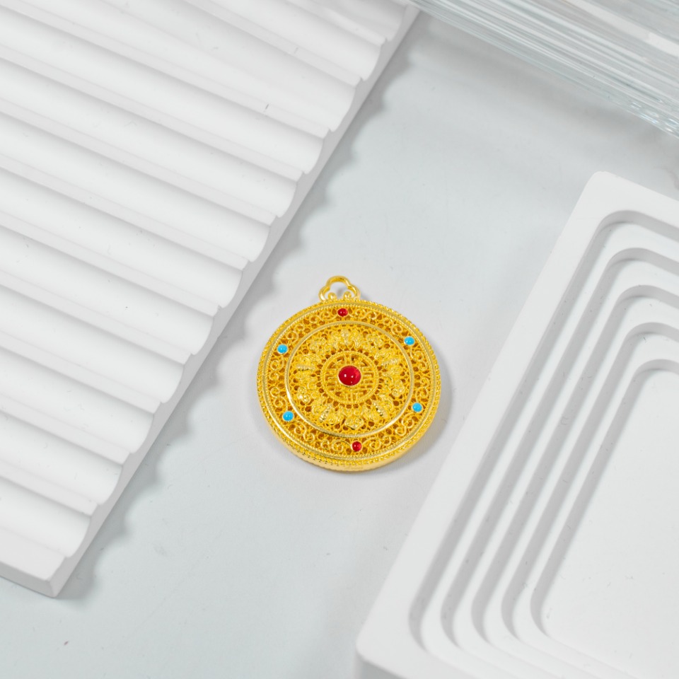 吊坠足银 五福圆满罗盘吊坠时尚饰品百搭编绳经典传承手工双面