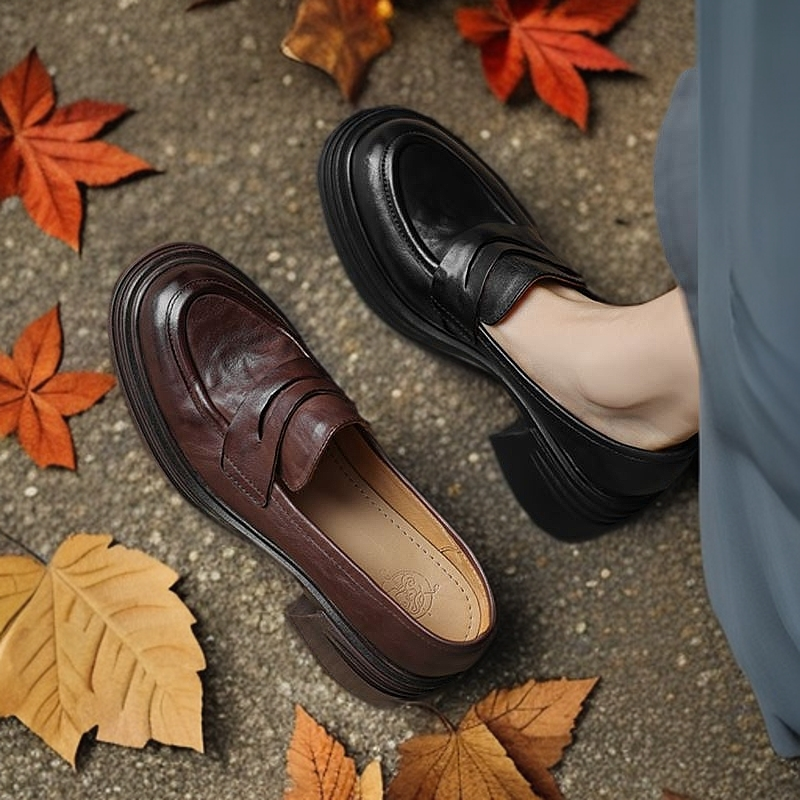 法式黑色复古真皮粗跟高跟鞋女厚底新款圆头百搭小众学院风单鞋