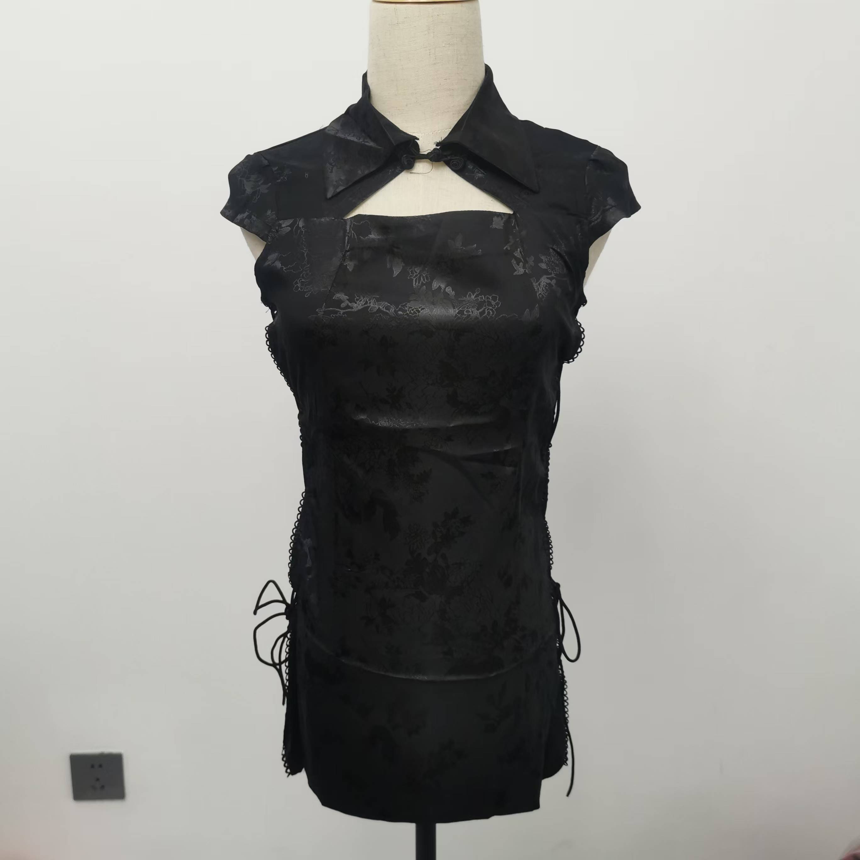 睡衣蕾丝气质时尚女士夏季黑色提花少女镂空长款中式中国风拼接