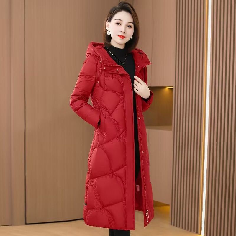 波司登2023冬季新款羽绒服女中长款加厚时尚过膝修身显瘦连帽红色