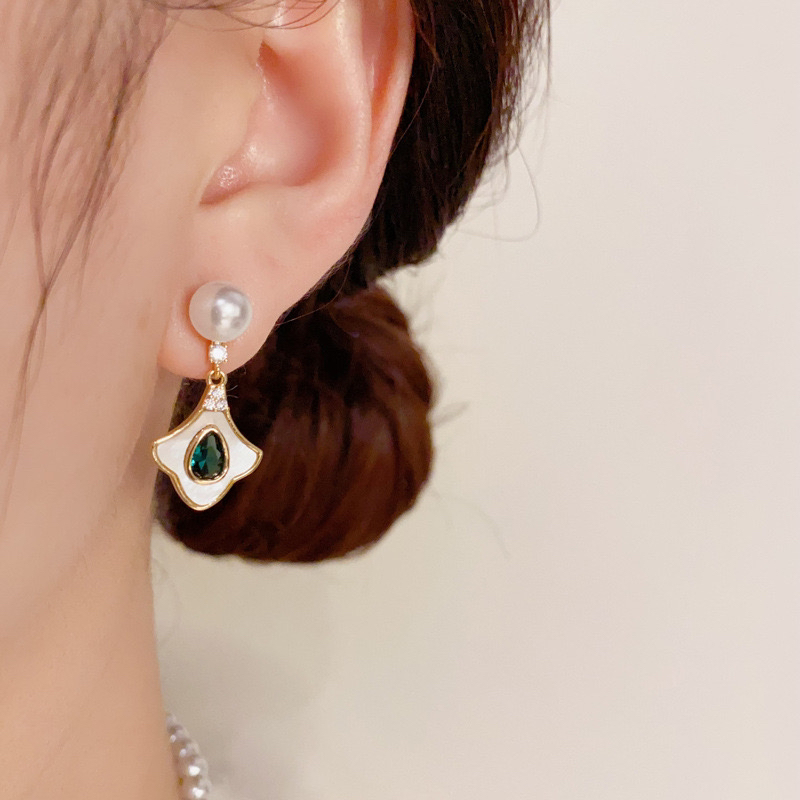 铜合金合成锆石耳饰 s925银针贝壳锆石珠珠耳钉气质时尚温柔百搭