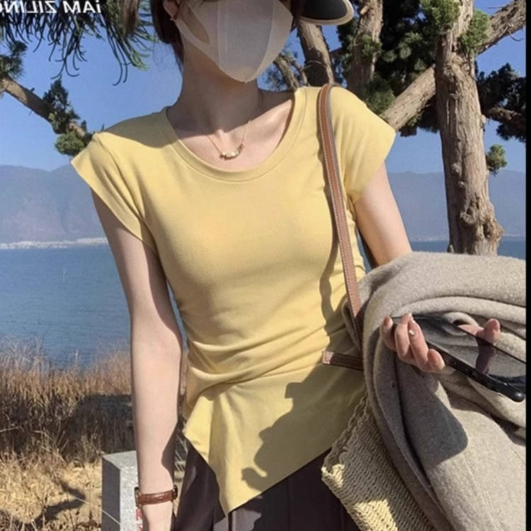不规则褶皱腰口短袖t恤女夏季收腰辣妹显瘦抽褶纯棉小个子上衣女