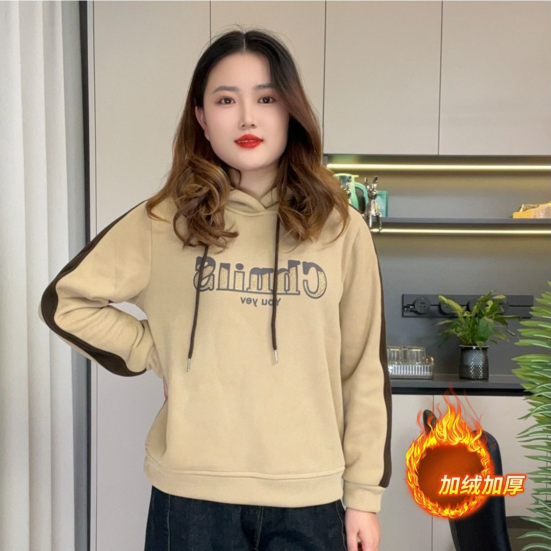 秋冬加绒加厚连帽百搭遮肚子休闲卫衣妈妈装宽松长袖打底