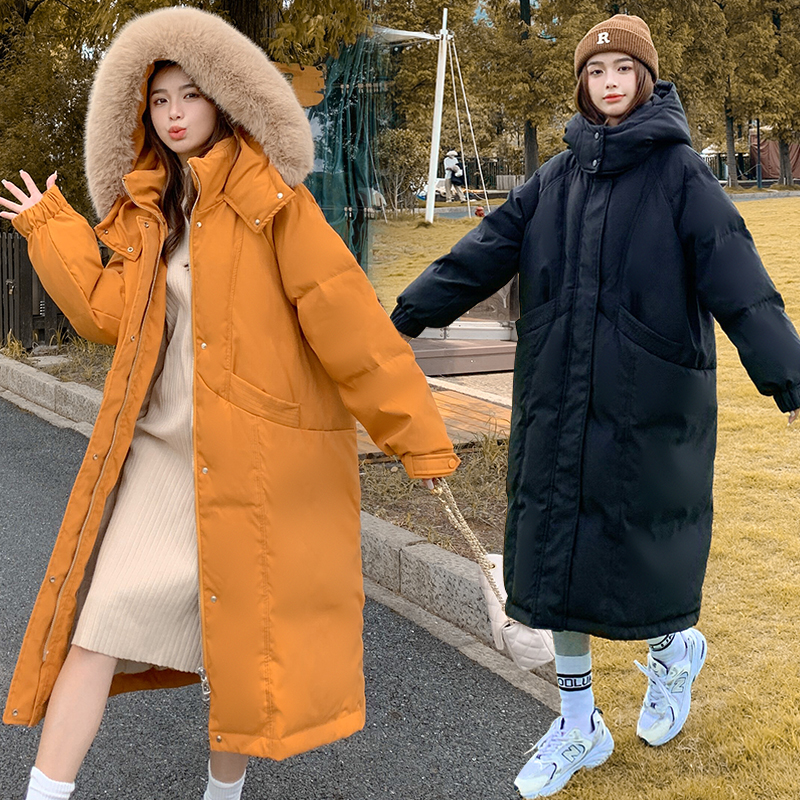 大码200斤胖mm过膝长款连帽羽绒服女加厚大毛领保暖外套宽松冬季