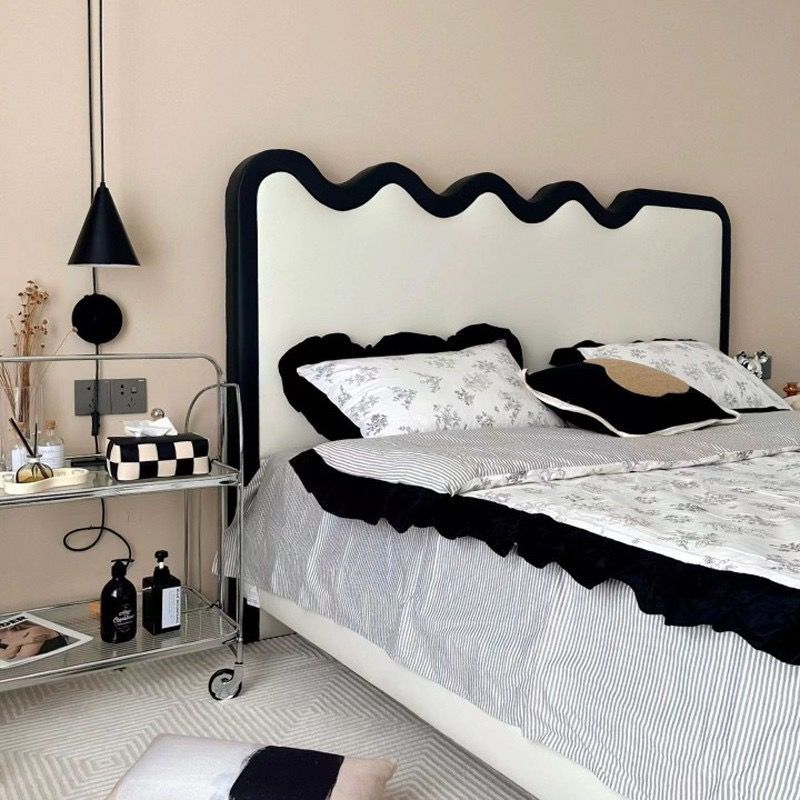 涟漪简易双人实木波浪床屏奶油风简易床头软包床头床靠背实木床头