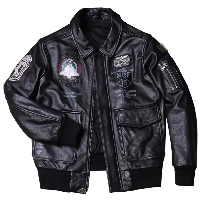 【1.2mm头层全粒面牛皮】男士短款翻领真皮欧美刺绣空军员皮衣 Y