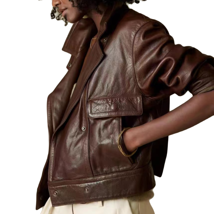 外贸【1.2mm袋鼠皮】复古港风秋冬百搭长袖真皮肥廓女短款皮衣女士Y