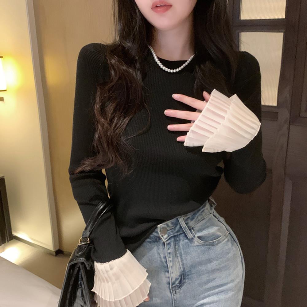 小香风针织打底衫女秋冬富家千金纯欲法式名媛喇叭袖上衣内搭毛衣