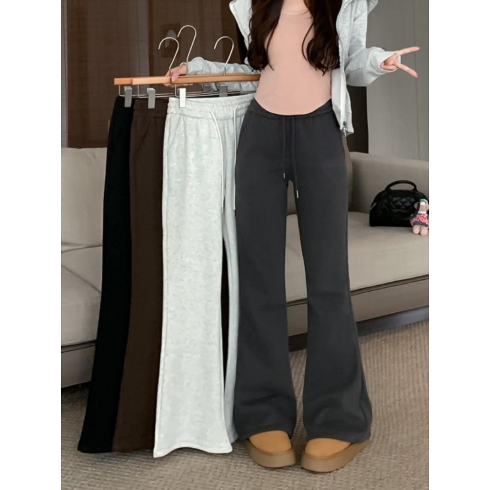 加绒加厚美式微喇高腰休闲裤女冬季2023新款运动抽绳百搭显瘦裤子