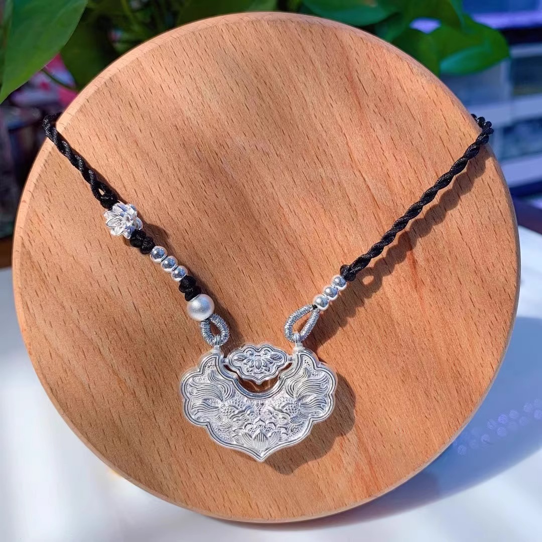 吊坠足银 999双鱼如意实心锦鲤平安锁吊坠民族风手工编绳长命锁