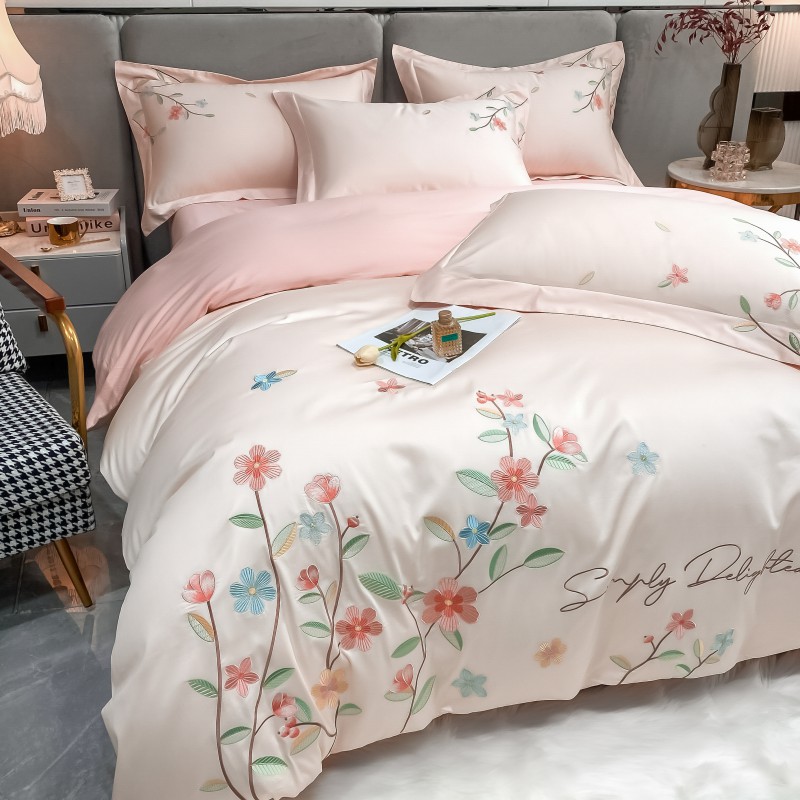刺绣60支轻奢床上四件套绣花4件套双人纯色床上用简约小清新 高档
