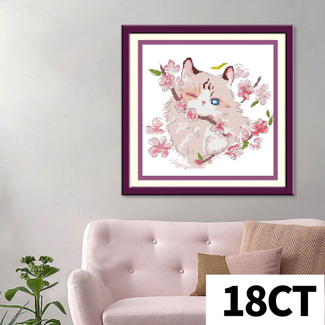 【静心.绣艺】Y68988桃花猫18CT十字绣（长*宽）勾边猫咪绣花直播