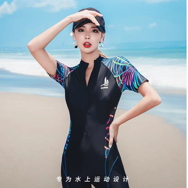 19046三奇泳衣女短袖连体保守大码显瘦遮肚性感小胸聚拢游泳装