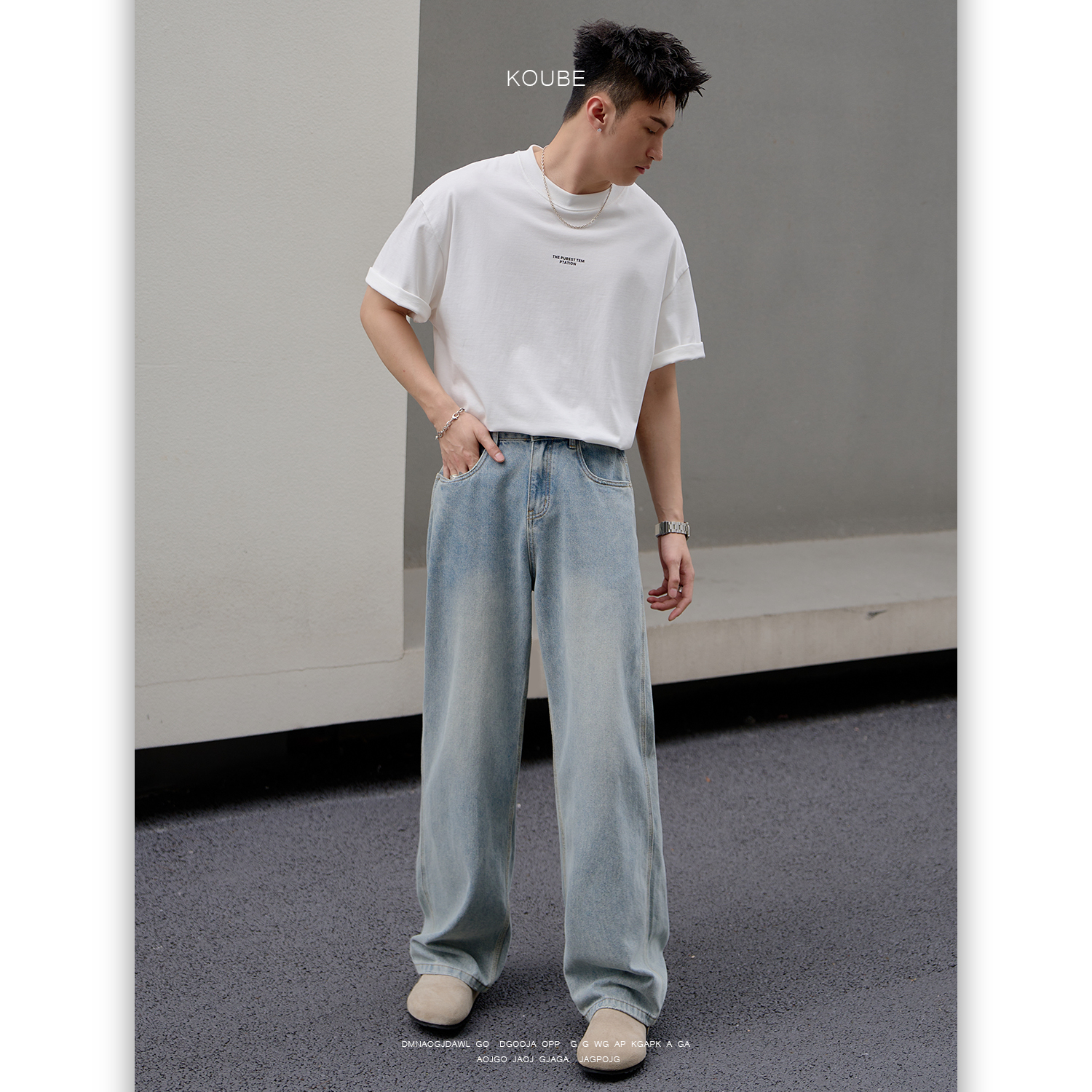 koube秋季美式直筒微喇牛仔裤男水洗做旧宽松cleanfit复古蓝裤子