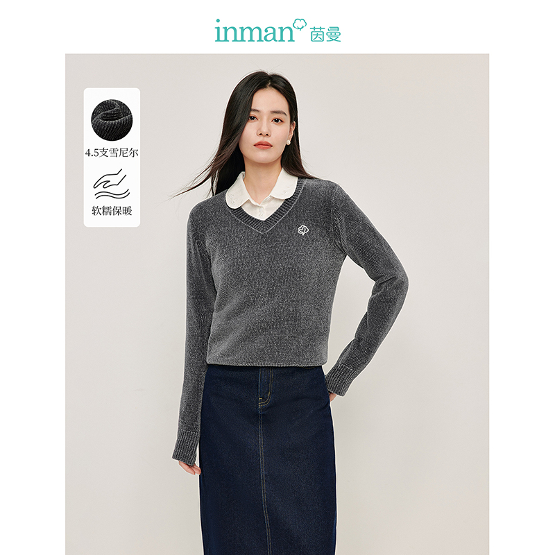 茵曼2024冬季新款女毛针织衫上衣毛衣长袖宽松保暖套头V领时尚
