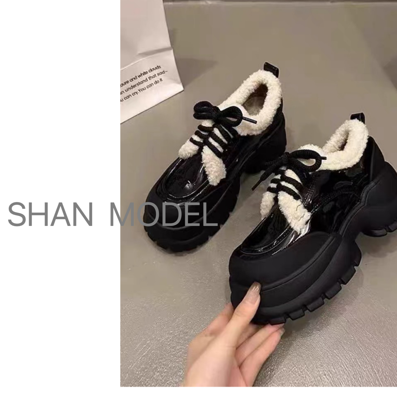 欧货女装-秋冬加绒厚底增高小皮鞋女2024英伦风休闲百搭松糕鞋