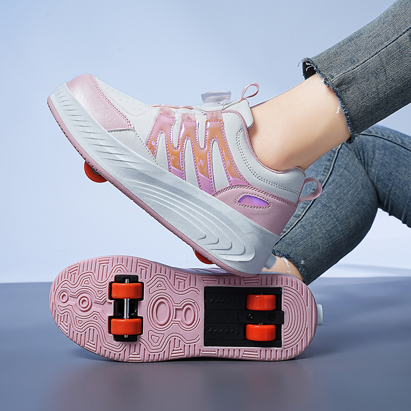 暴走鞋四轮双轮隐形旋转纽扣舒适儿童女童学生网红可收缩不带灯款