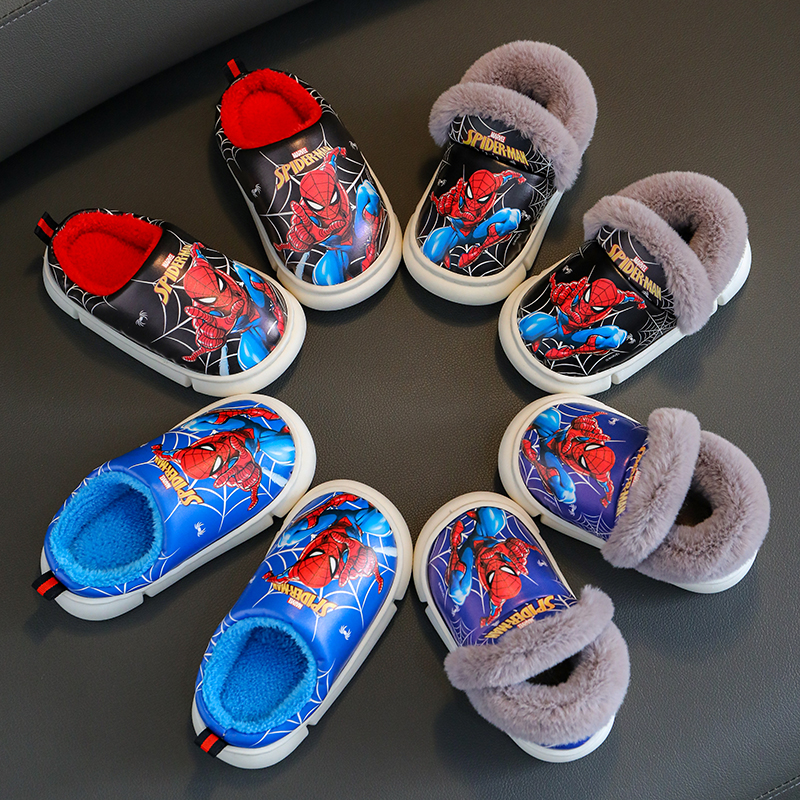 朵美巴拉巴拉宝宝蜘蛛侠儿童棉拖鞋冬季男孩女童pu皮防水室内保暖