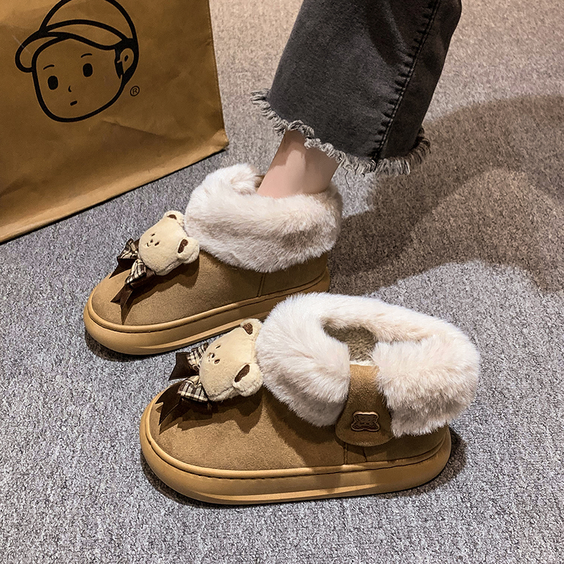 卡通可爱小熊雪地靴女2023年冬季新款加绒加厚保暖防寒东北棉靴子