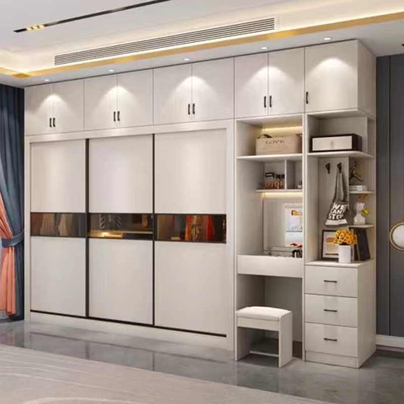 北欧衣柜推拉门白色家用现代简约卧室趟门移门带妆台滑门组装柜子
