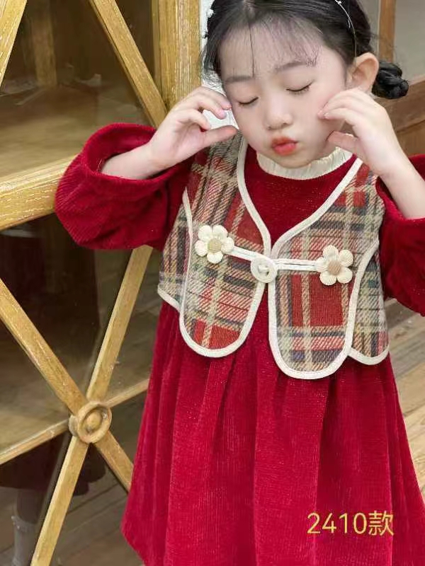 女童加绒丝绒红色连衣裙