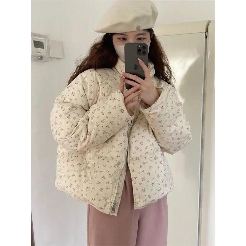 羽绒服新款爆款2024冬季韩系宽松田园风小碎花棉服上衣女立