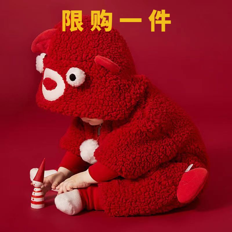 巴拉巴拉婴儿连体衣冬季中国风宝宝红色连体衣超萌保暖羊羔绒连lb