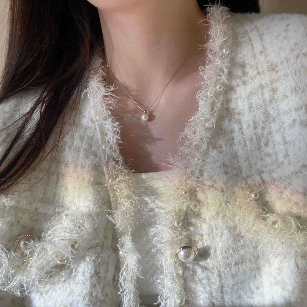 钛钢项链 8509贝珠一粒珠珠小灯泡轻奢小众质感手工锁骨链女