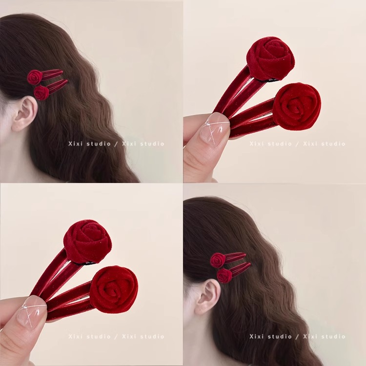 盛开玫瑰！红色丝绒小夹子！优雅浪漫少女前额刘海夹发卡发饰头饰