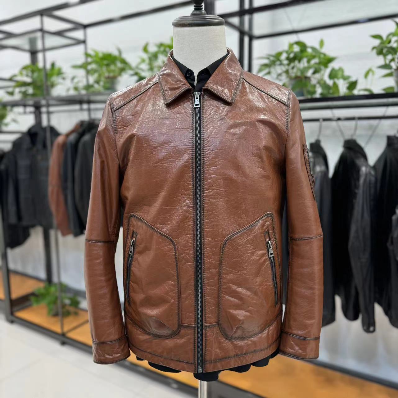 【小生严选】牛皮油蜡复古棕翻领夹克（口袋拉链）高档大气时尚