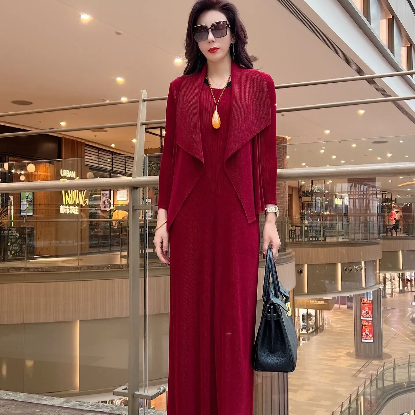 【美添】8106时尚洋气百搭褶皱气质显瘦春秋中长款两件套连衣裙套装