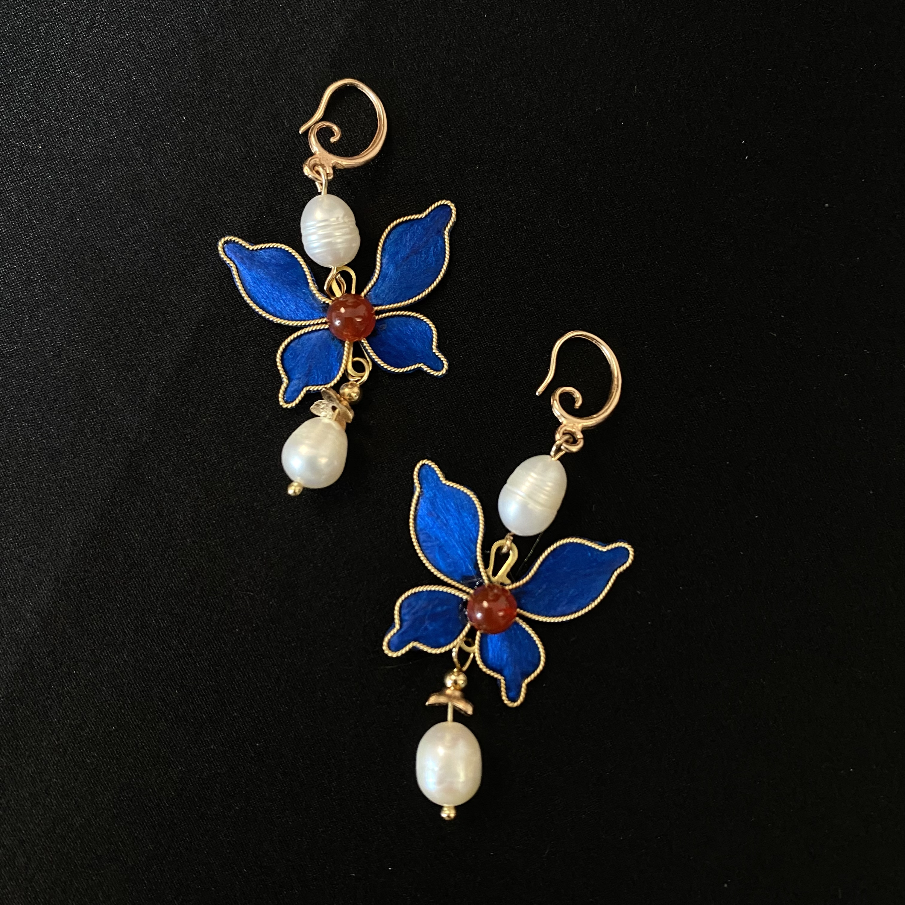 非金属布艺耳饰 【蓝蝴蝶】仿点翠蓝色手工绒花 耳饰