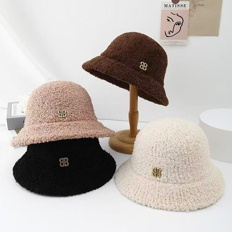羊羔绒渔夫帽女秋冬季韩版保暖显脸小盆帽大头围时尚毛绒帽子