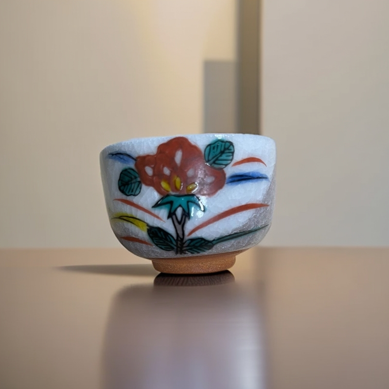 舶来品 九古烧色绘花卉图 品茗杯 陶瓷手绘