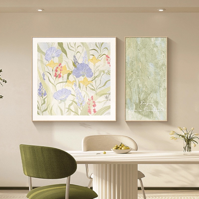 奶油风餐厅装饰画抽象艺术花卉挂画原木风饭厅餐桌墙面两联壁画