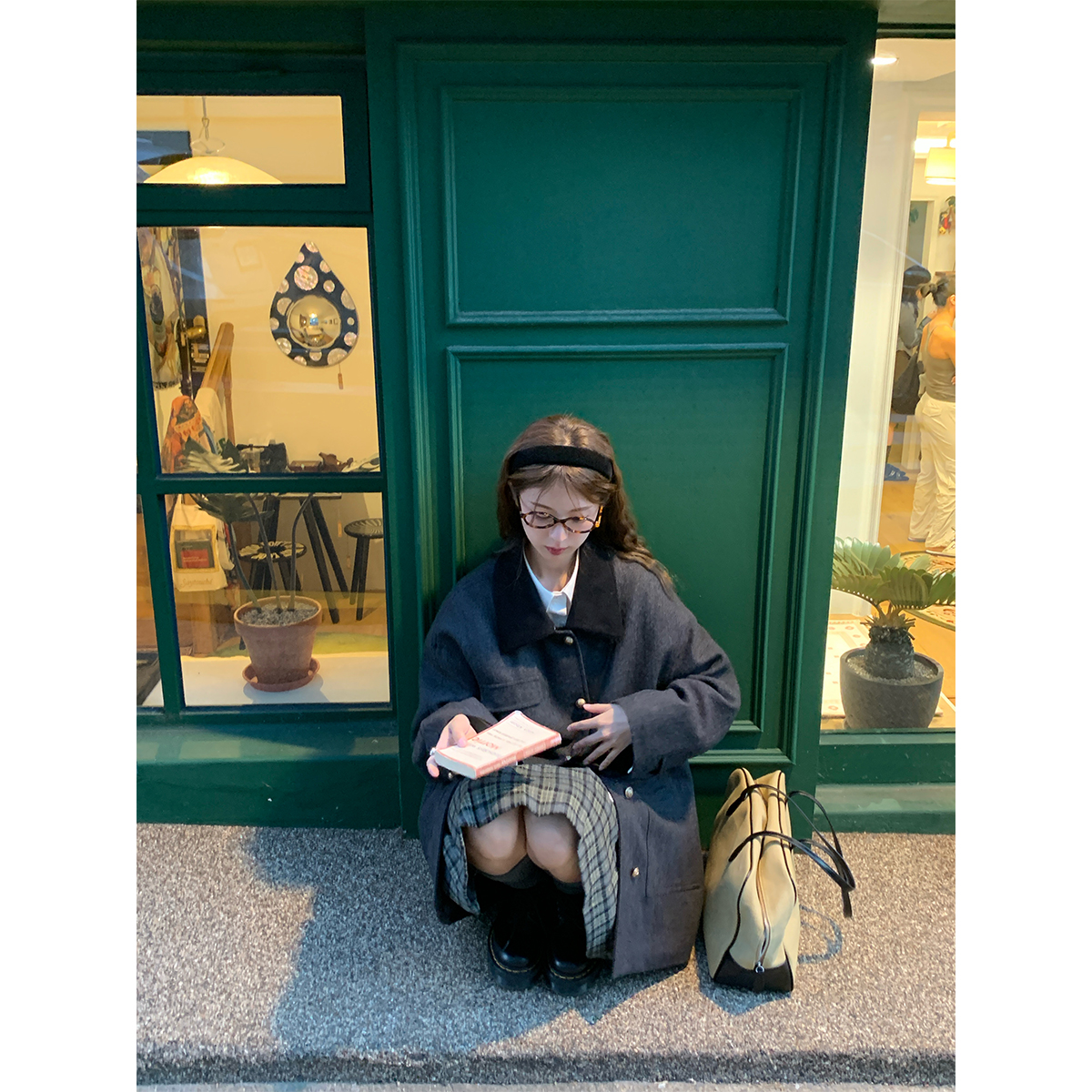 RAINY 韩系拼色人字纹翻领大衣女冬季高级感宽松中长款毛呢外套