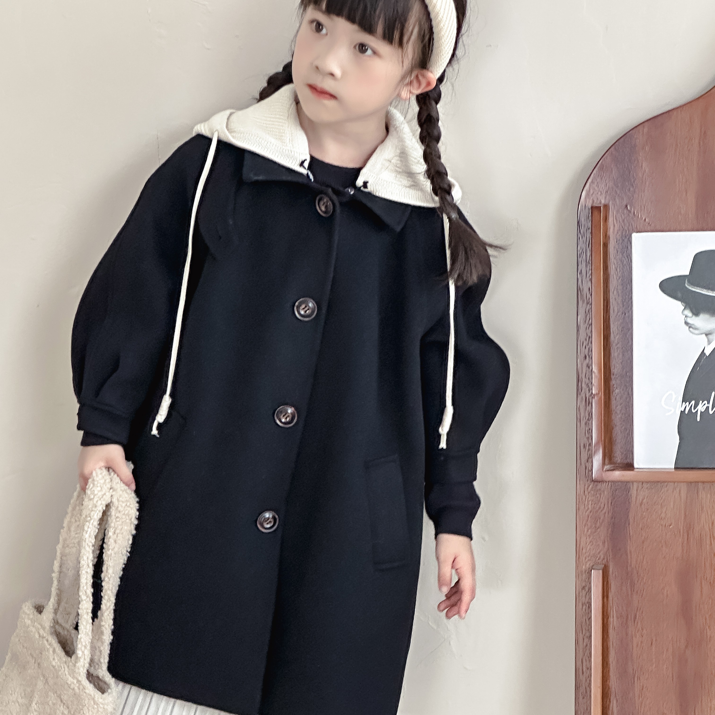 青少年学生秋冬长款连帽可拆卸双面羊毛呢大衣韩系男女长外套百搭