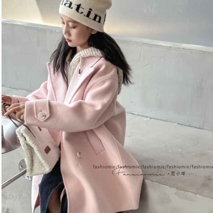 断码高定双面羊毛大衣加长男女童中性宽松全毛紫粉西装领