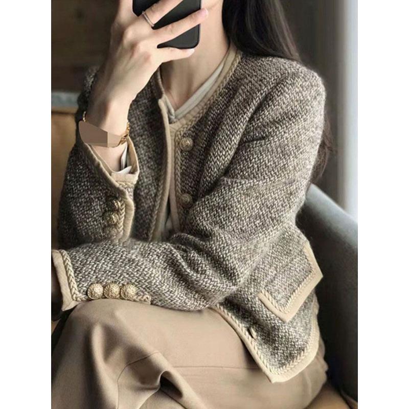 小香风今年流行漂亮名媛高级感超好看卡其色粗花呢短外套女春秋款