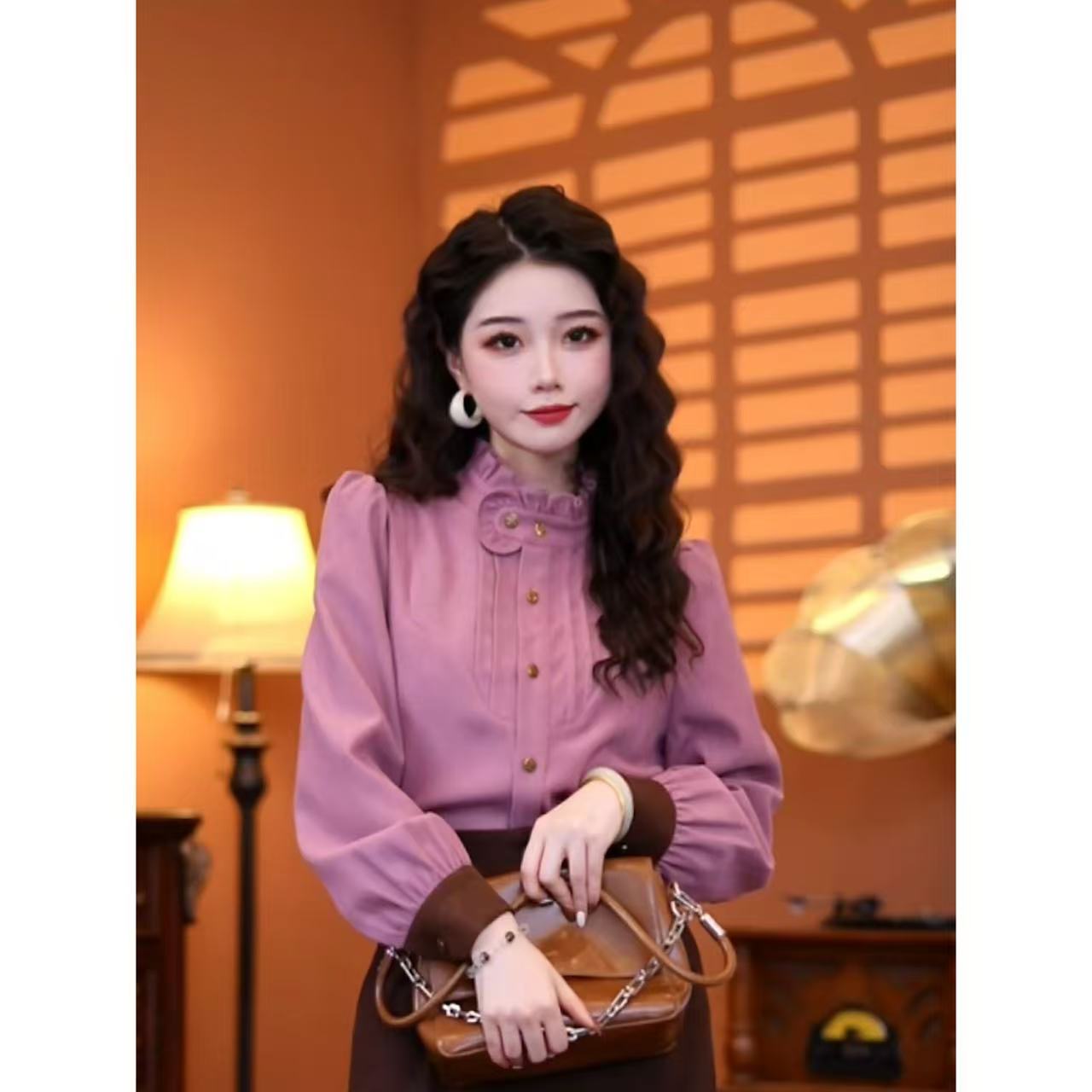 蒋肉肉【绒化入冬】2024秋款设计感优雅长袖上衣01144