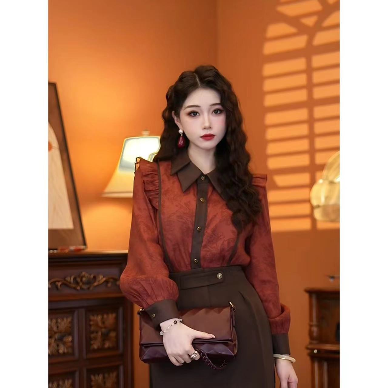 蒋蒋【琉璃爵士】港味复古气质设计感长袖薄透上衣衬衫00670