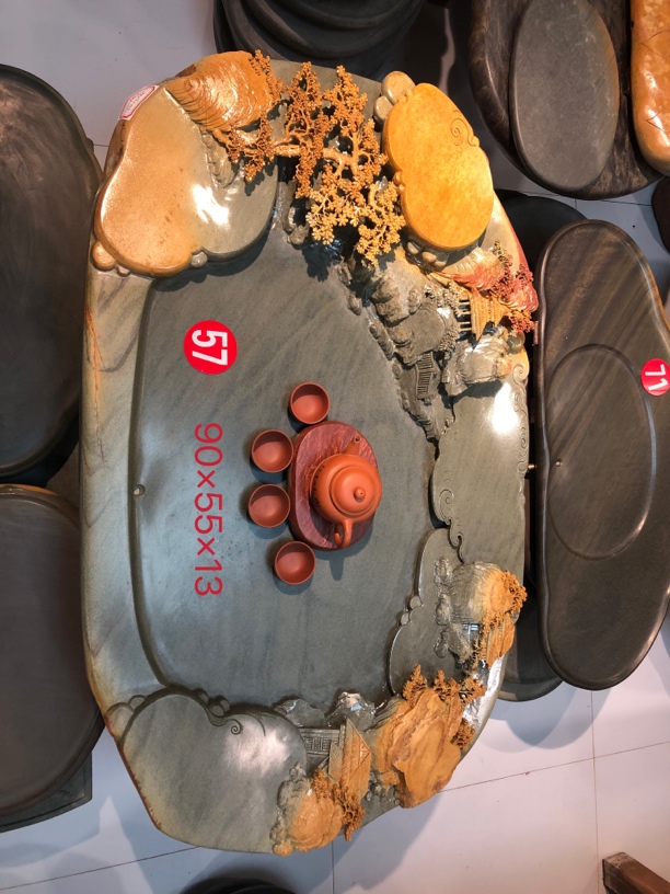 天然石头，茶台，金包玉绿端石茶具