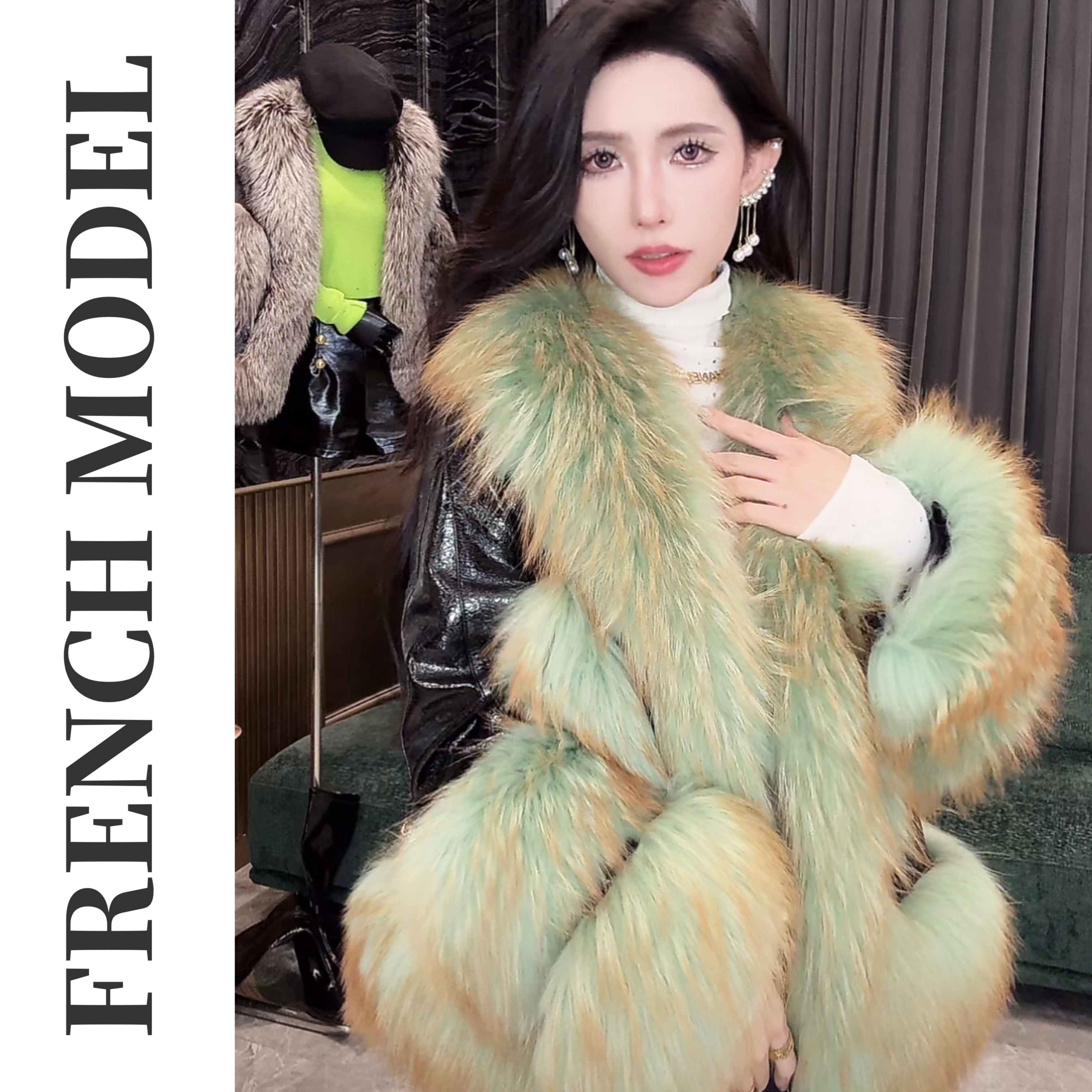 FRENCH MODEL . 【绿宝石】气质型拼皮时尚草外套女装 91060007