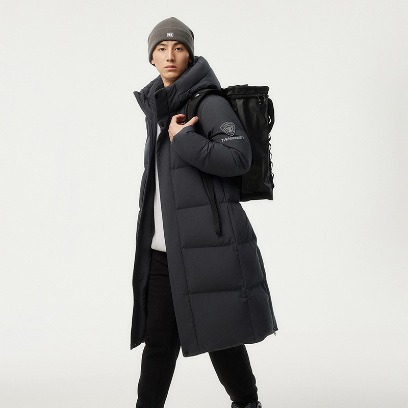 坦博尔高充绒连帽羽绒服长款24新款保暖男羽绒服中长款735D
