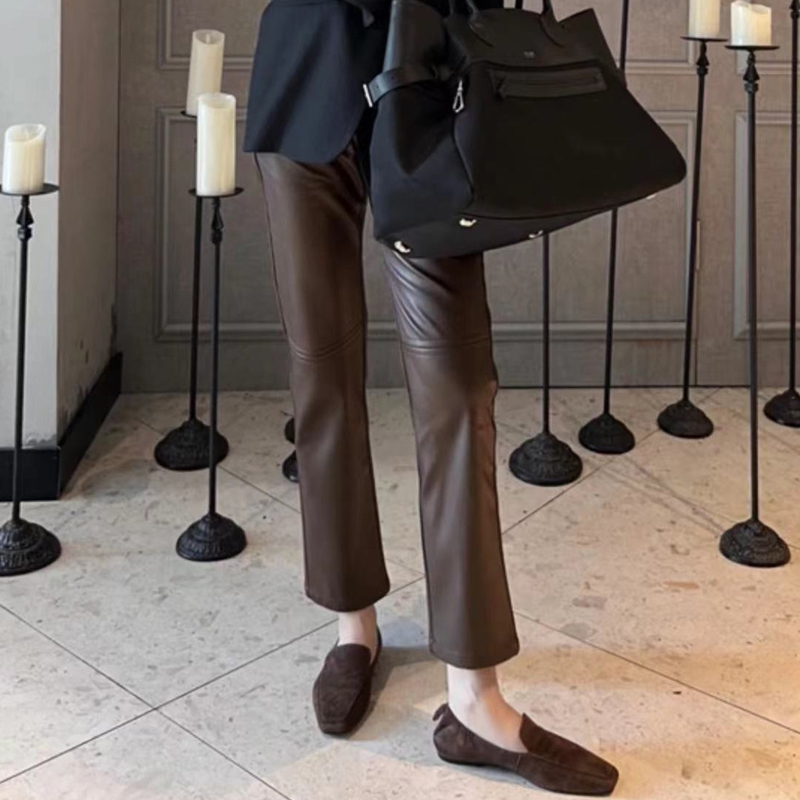 高贵上档次女裤秋冬皮裤休闲高腰裤子修容笔磨毛烟管裤显瘦九分裤