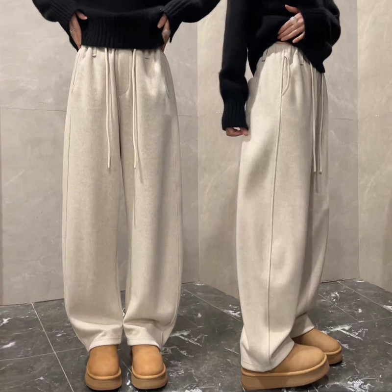 2025秋冬新款女款裤子米白弯刀裤宽松百搭显瘦加绒加厚阔腿休闲裤